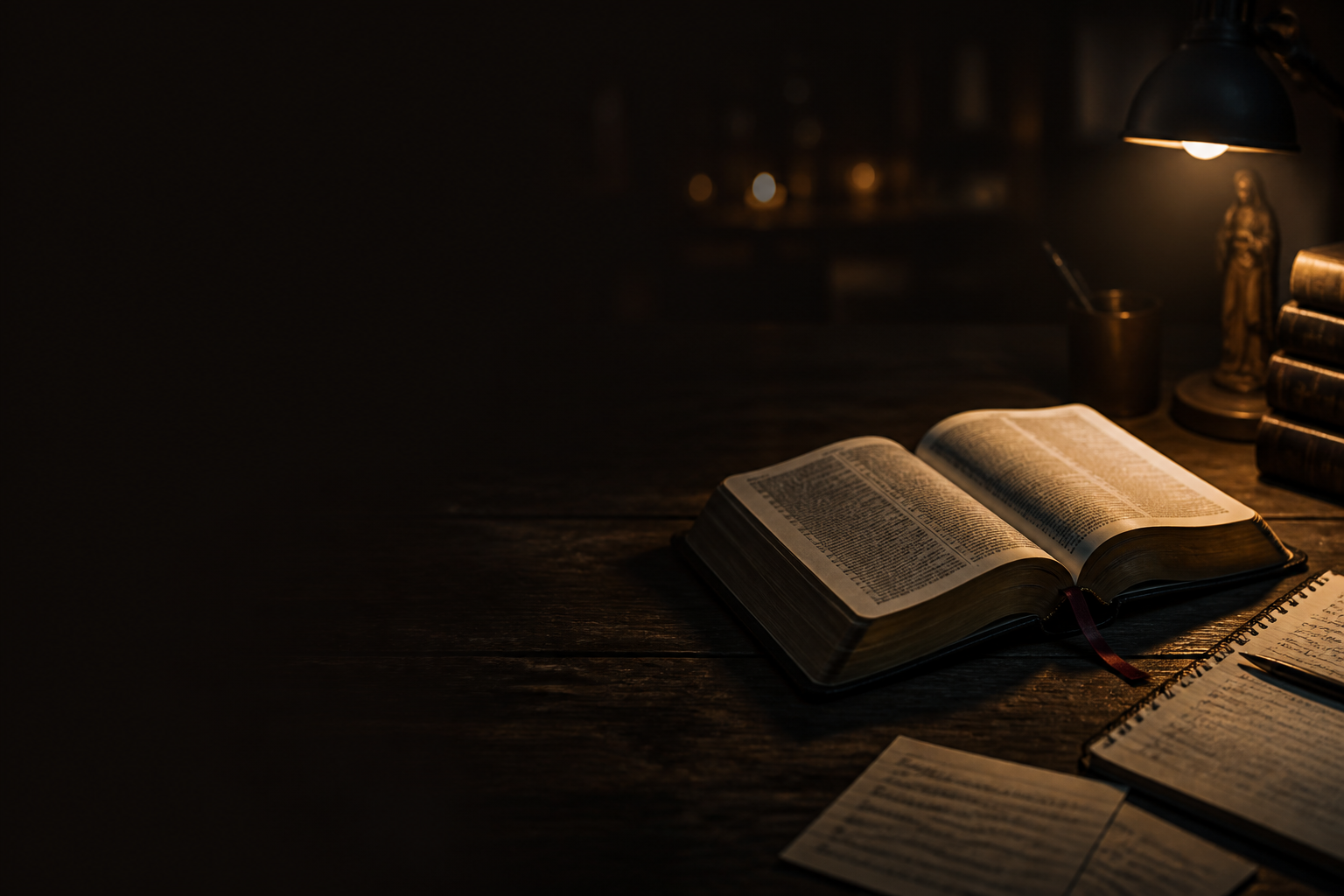 Bibbia aperta su tavolo scuro con appunti, luce calda e atmosfera notturna
