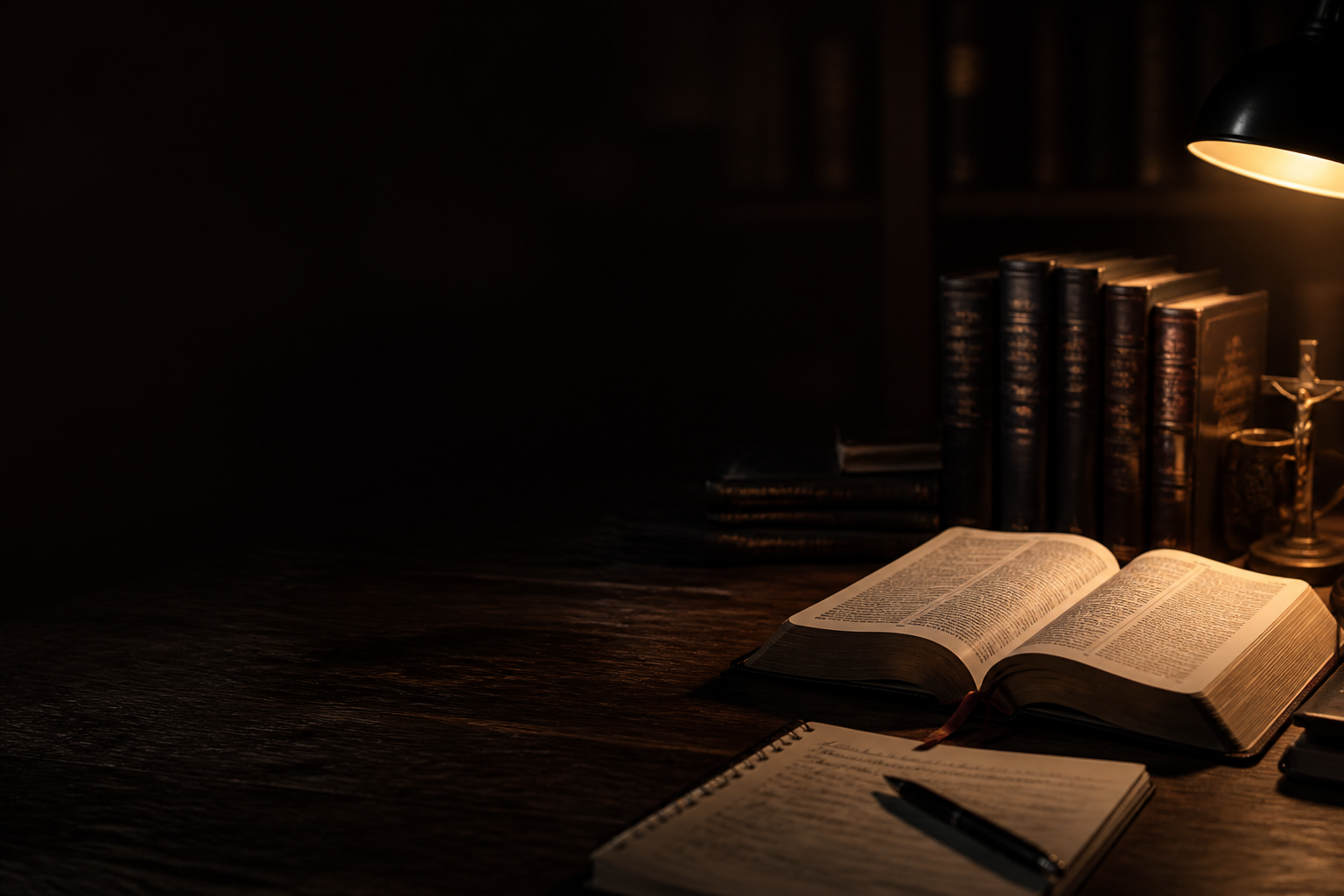 scrivania scura con Bibbia, quaderno e luce calda serale